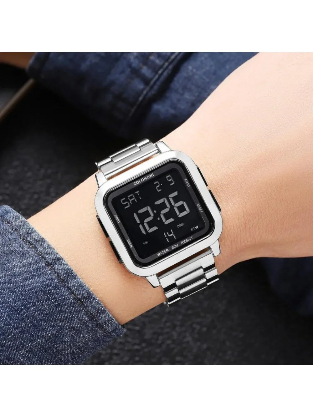 Men's Silver Black Analog Quartz Stainless Steel Waterproof Square Digital Watch